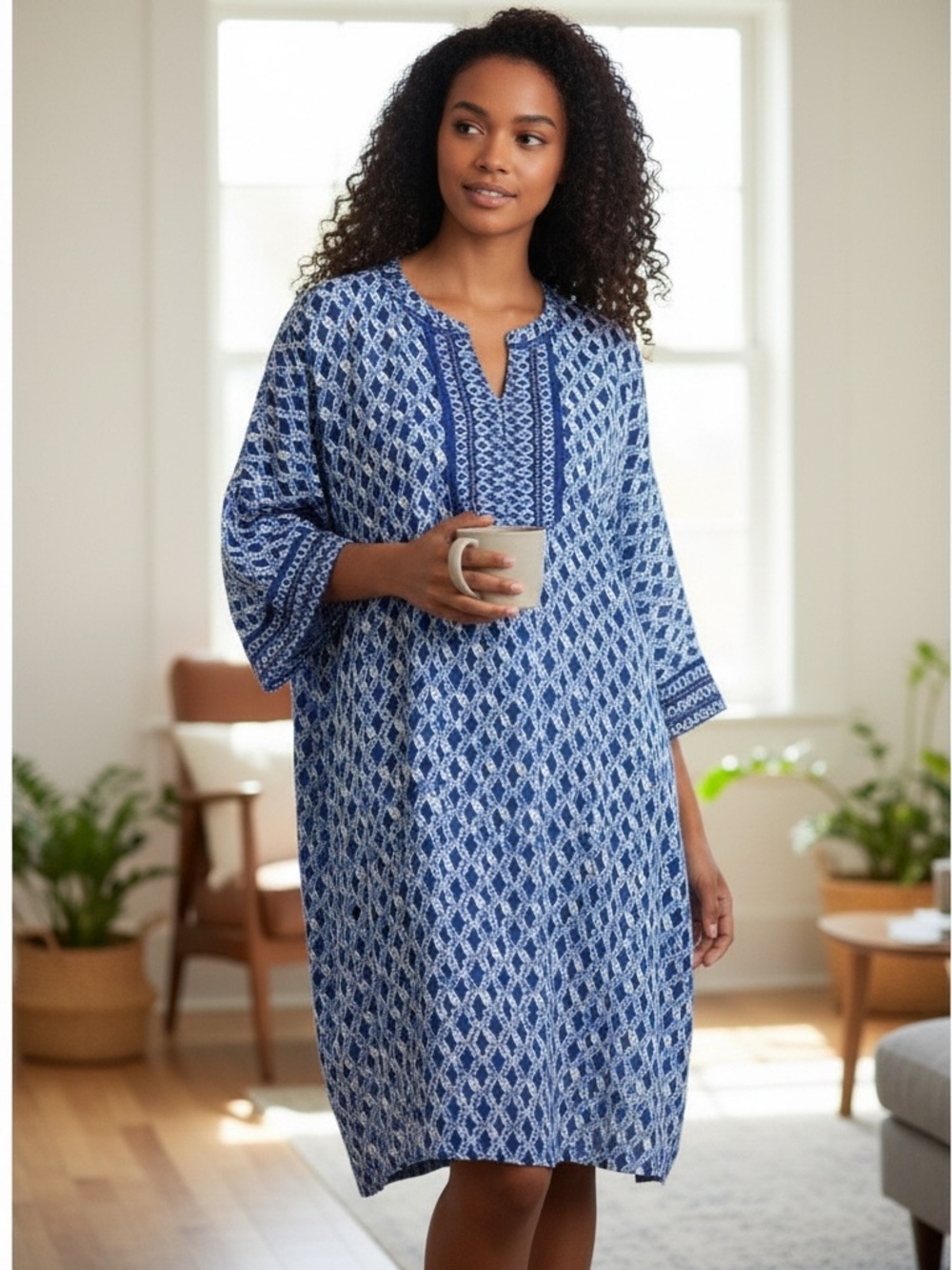 Blue Patterned Women's Cotton Caftan Robe